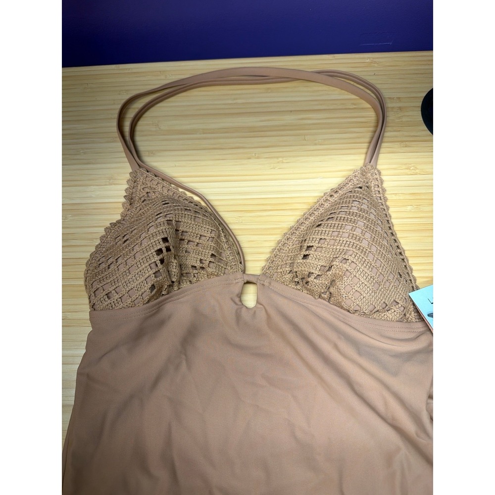Shade & Shore Women's One Piece Swimsuit Crochet High Leg Cheeky Tan S NWT - Picture 1 of 7